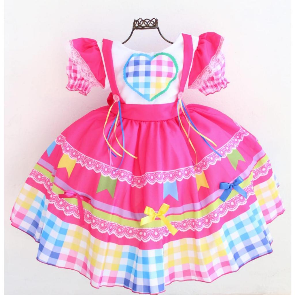 Vestido Junina Infantil Caipira Coração Quermesse Julina Arraia.