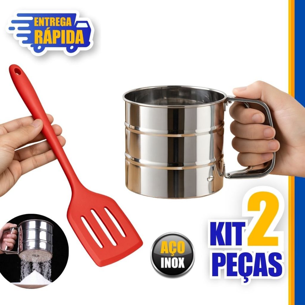 Kit 2 Pçs Polvilhador Tapioqueira Peneira Inox com Gatilho e 1 Espátula Vazada Silicone para tapioca