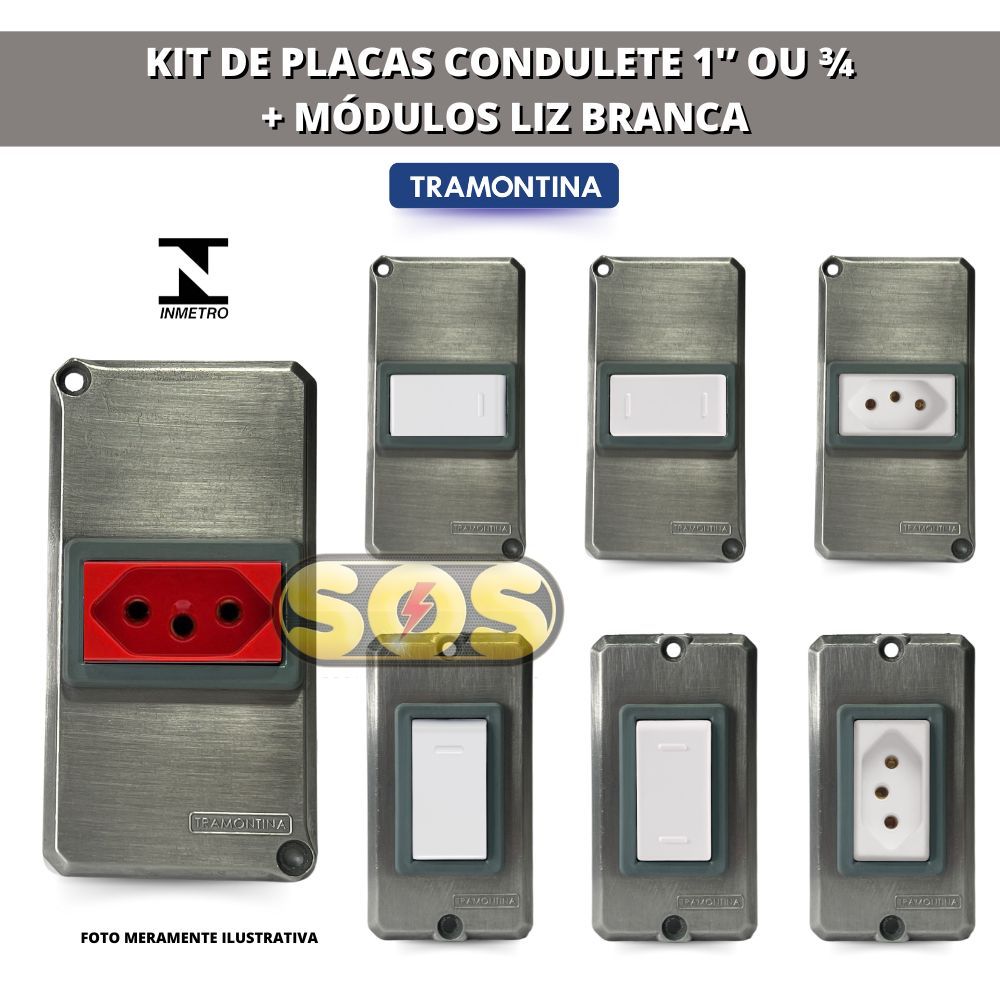 KIT TAMPA DE CONDULETE  1'' OU 3/4 COM TOMADA E INTERRUPTOR TRAMONTINA ALUMINIO LIZ BRANCO