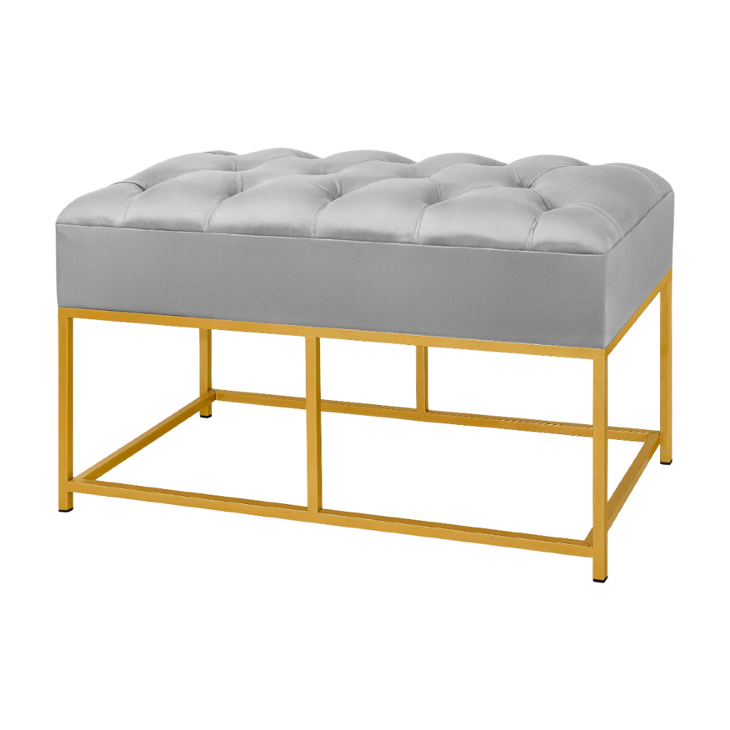 Puff recamier retangular cinza claro decorativo ferro veludo escritório salão