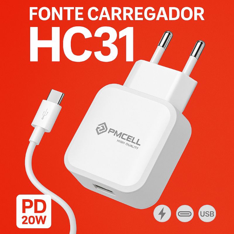 kit Carregador turbo HC-31 20W com cabo tipo C- carregador rápido para celular smartphone e Android