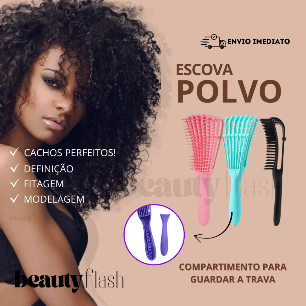 Escova Polvo Beauty Flash Cabelo Cacheado Crespo Desembaraçar Banho Finalização Fitagem Pente Cachos