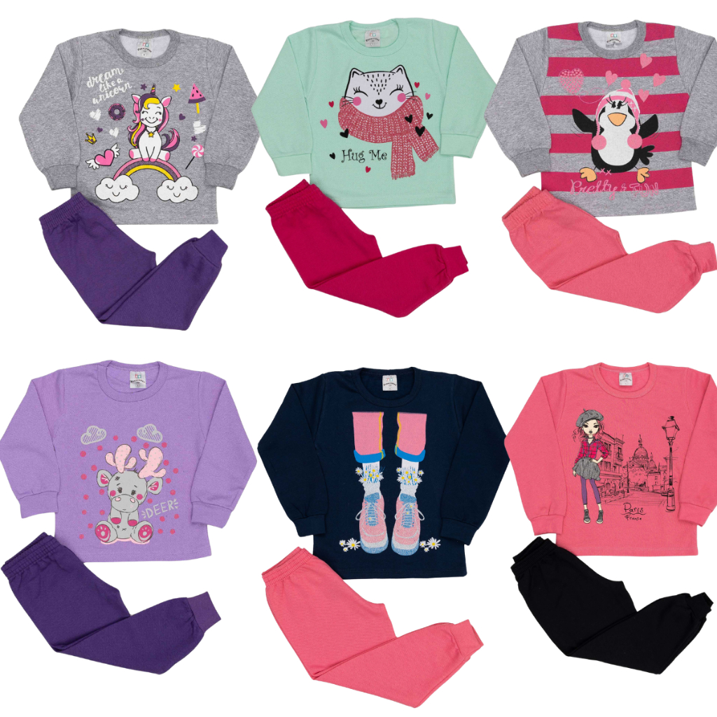 KIT com 3 conjuntos de moletom infantil Feminino ( 6 peças :  1 C/Capuz e 2 S/Capuz  + 3 calças )