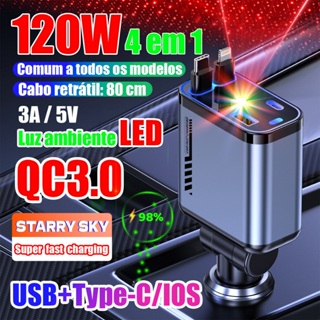 Carregador de carro retrátil carregador rápido de para carro 4 em 1 para iPhone/Android com luz LED em Oferta na Shopee