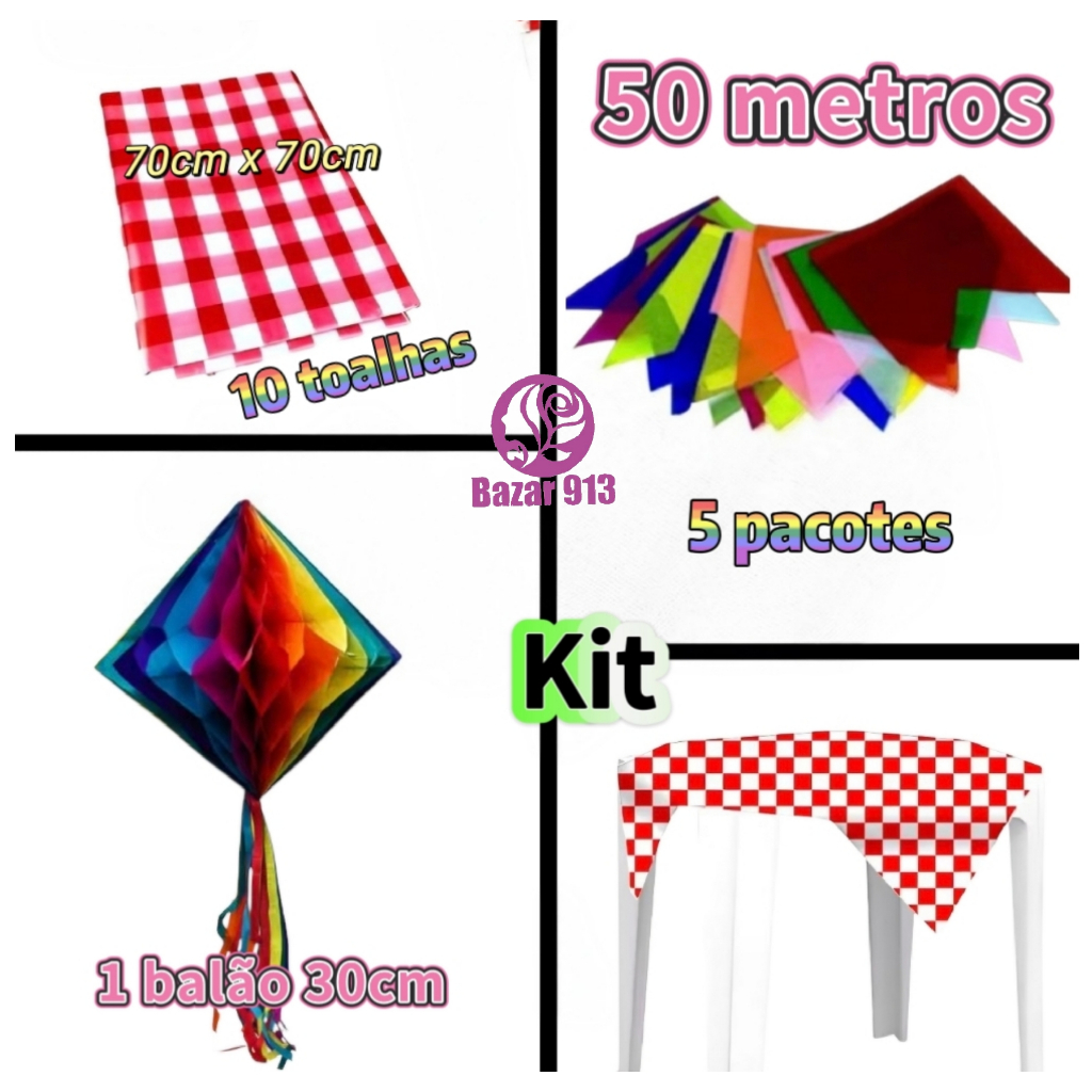 KIT Festa Junina 50 Metros Bandeirinha Plástica + 10 Toalhas Xadrez VERMELHO 70x70cm + 1 BALÃO 30 cm