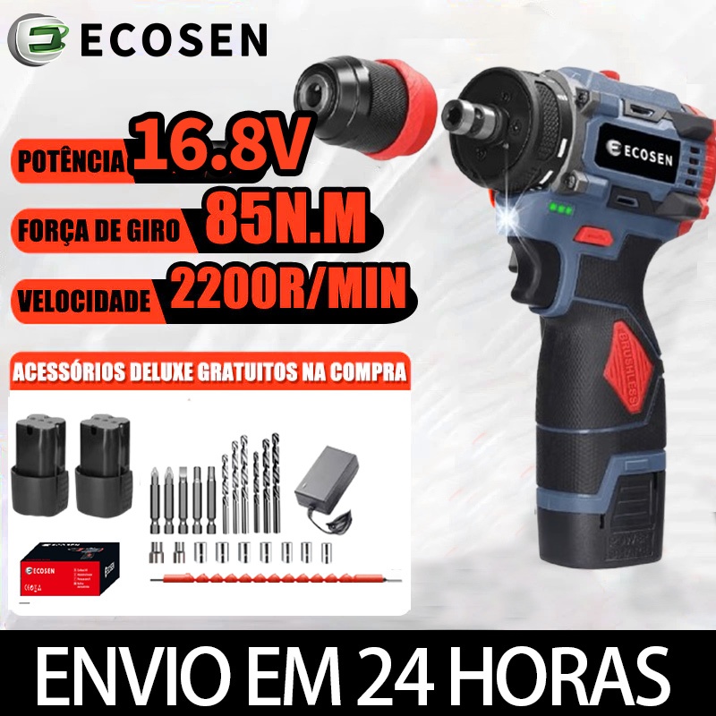 Parafusadeira elétrica com furadeira de lítio 2 em 1 de 16,8 V e torque de 85 Nm com motor sem escova ecosen em Oferta na Shopee