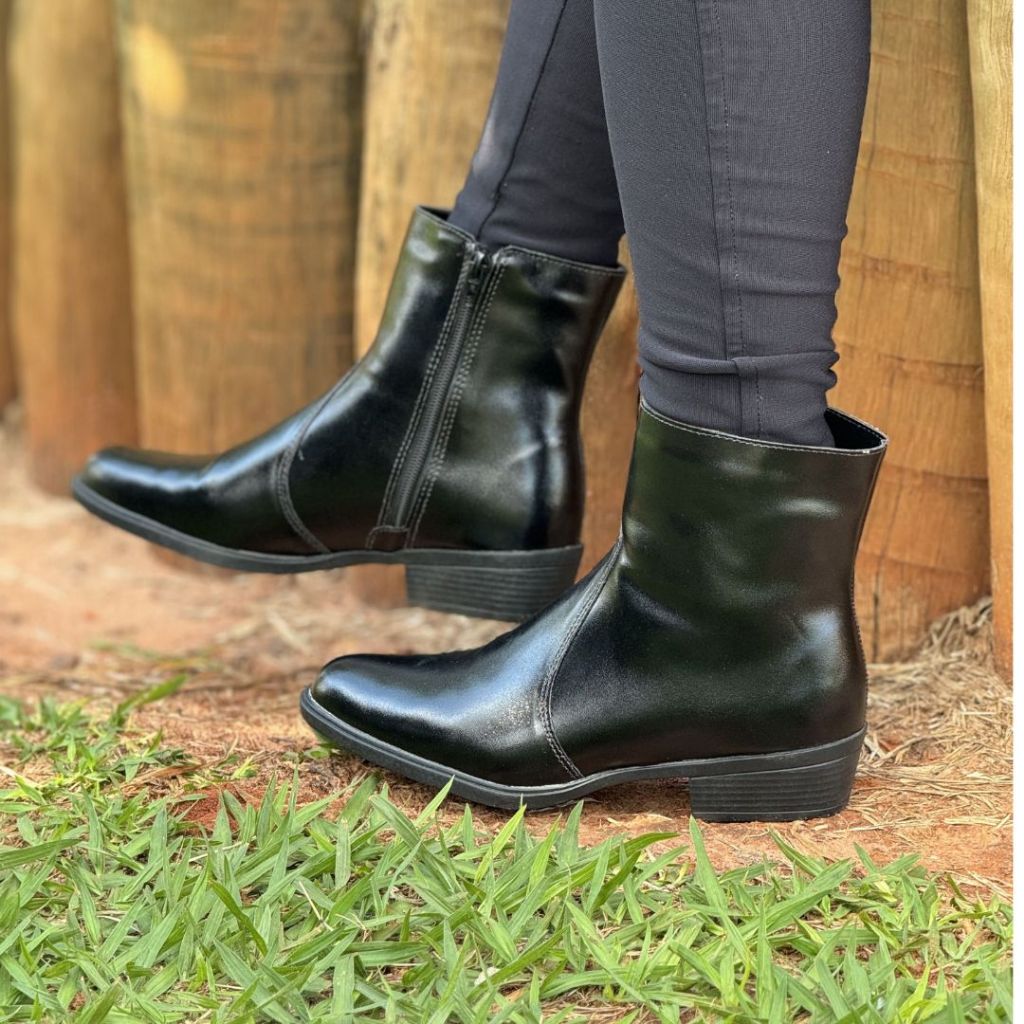 Bota feminina Cano Curto com Zíper e Salto Baixo Casual Confortável Clássico Elegante