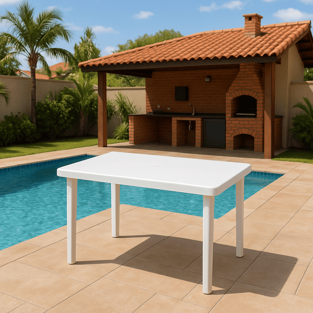 Mesa Retangular 6 Lugares Desmontável Branca Área Externa Churrasco Churrasqueira