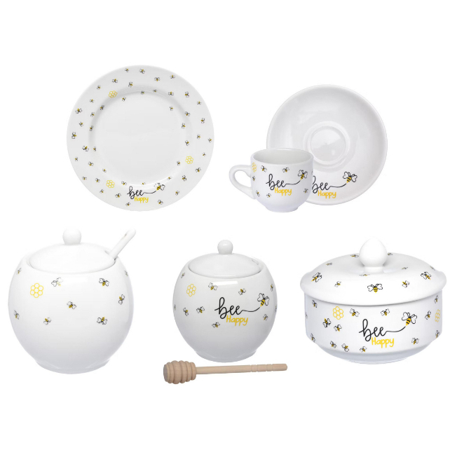 Coleção Manteigueira Prato Sobremesa Xícara Açucareiro Porcelana Bee Branca Honey