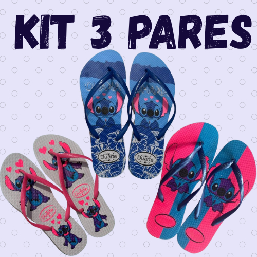 Kit 3 Pares de Chinelo feminino Sandalia Stitch Leve Confortavel Mais Vendido
