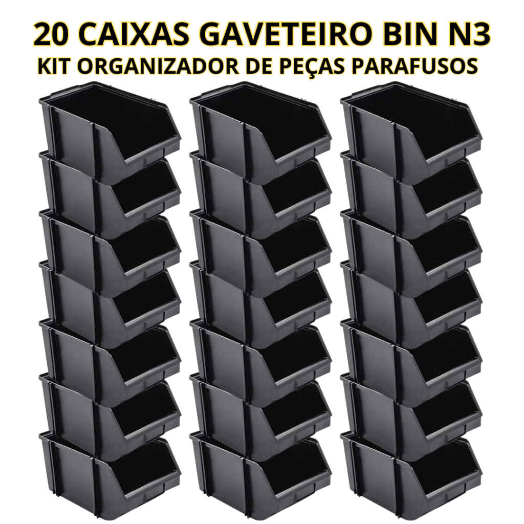 Kit 20 Caixa Bin 3 Gaveta Gaveteiro Organizador Plástico Para Pratelheira Organizadora - JV