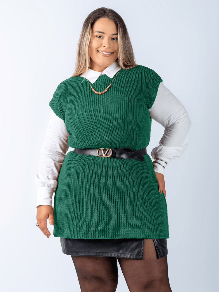 Colete Plus Size Feminino Alongado Canelado Elegante Casual  Tricot Blusa