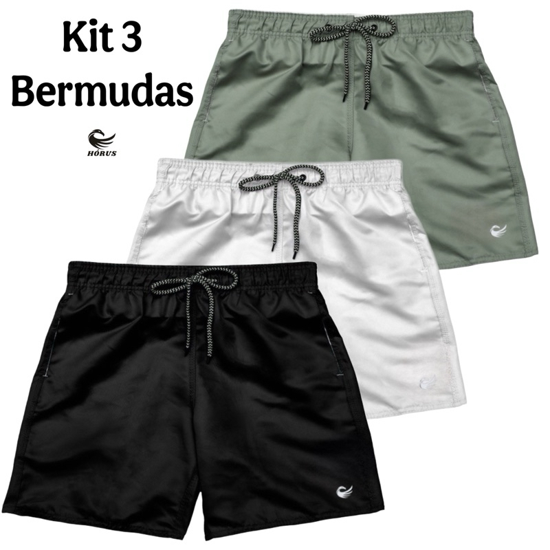 kit 3 Bermudas Masculina short tactel masculino com logo refletivo