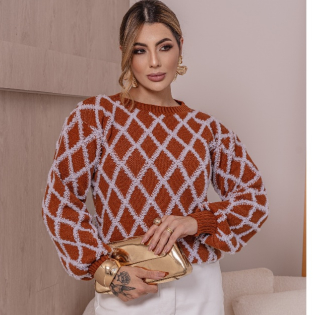 Blusa de Tricô Suéter Feminina Manga Longa Bufante Frio Losangalo Lãzinha Inverno Laffy Tricot em Oferta na Shopee