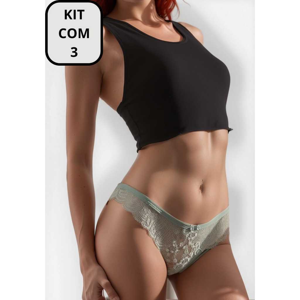 Kit 3 Calcinha Fio Dental de Renda Tanga Fio Duplo Carla