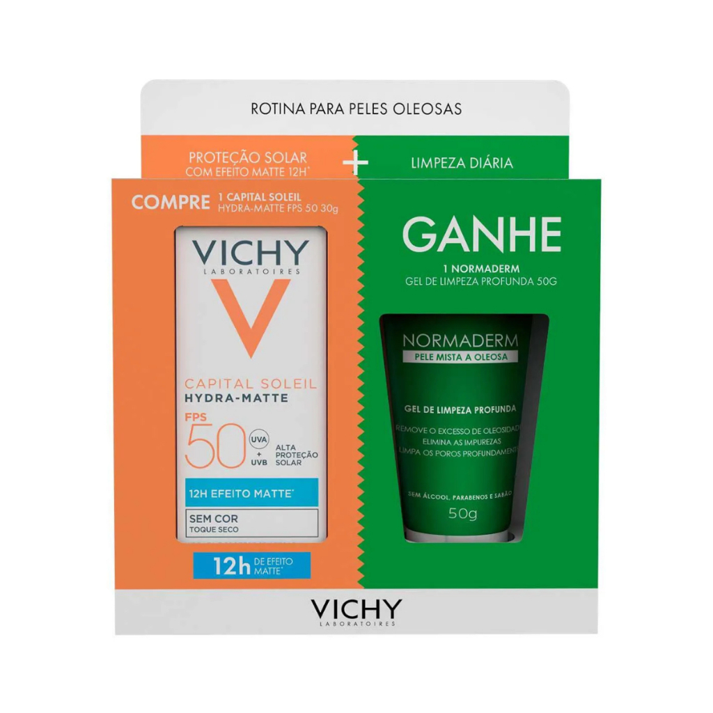 Kit Vichy Protetor Solar Capital Soleil Hydra-Matte FPS50 Sem Cor 30g + Gel De Limpeza Profunda Norm em Oferta na Shopee