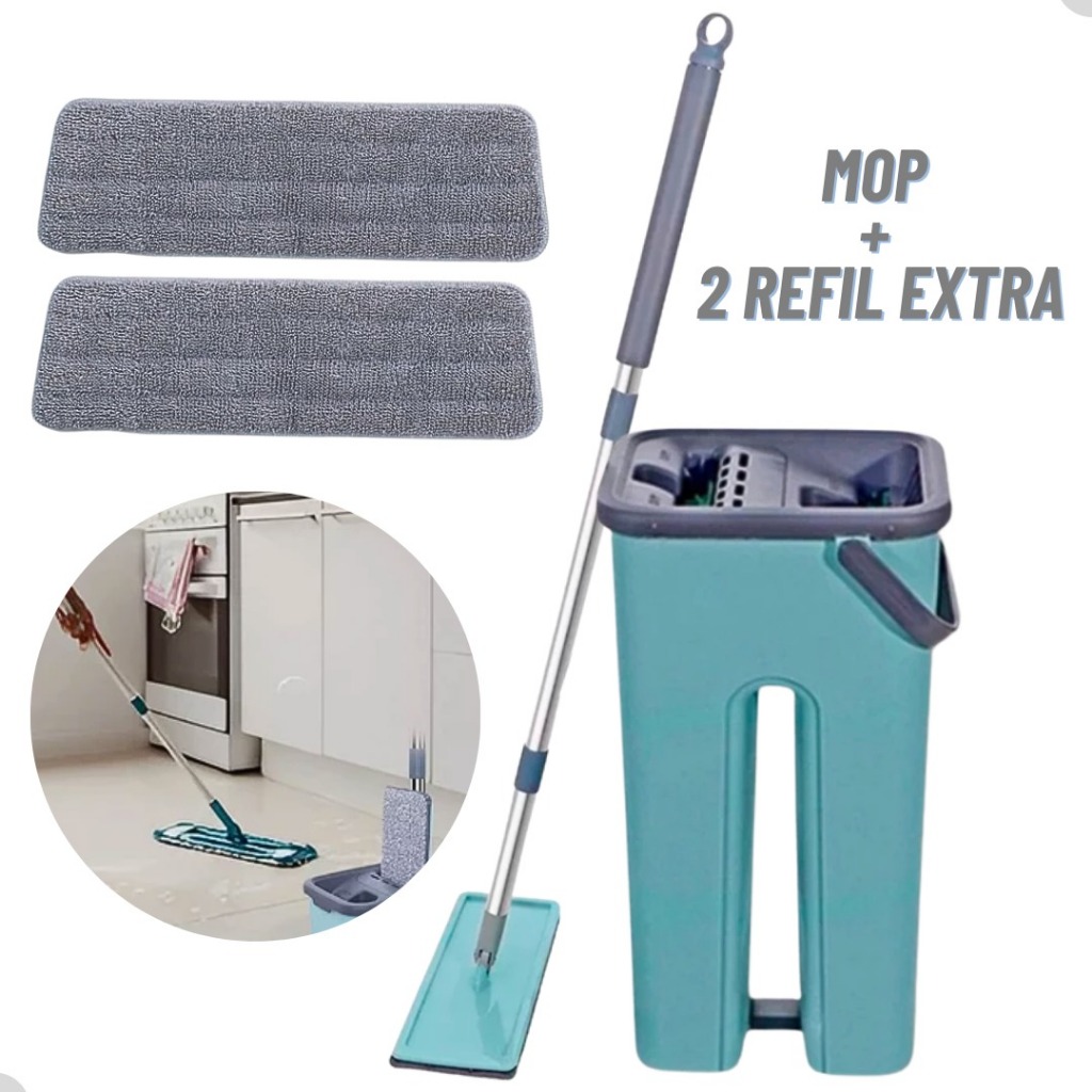 Mop Flat Esfregão Com Balde Rodo Mágico Lava Seca Tira Pó + 2 Refil Extra