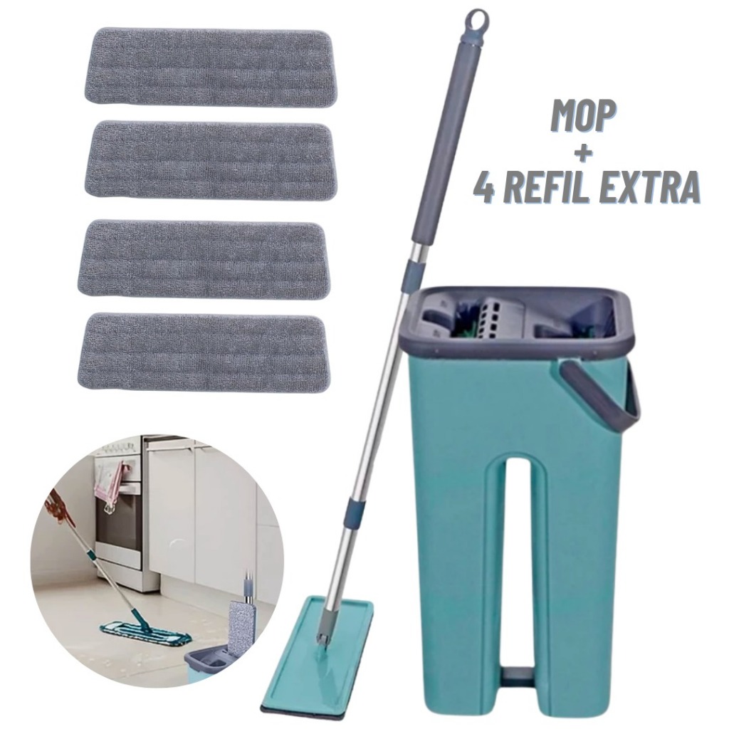 Imagem Mop Flat Esfregão Com Balde Rodo Mágico Lava Seca Tira Pó + 4 Refil