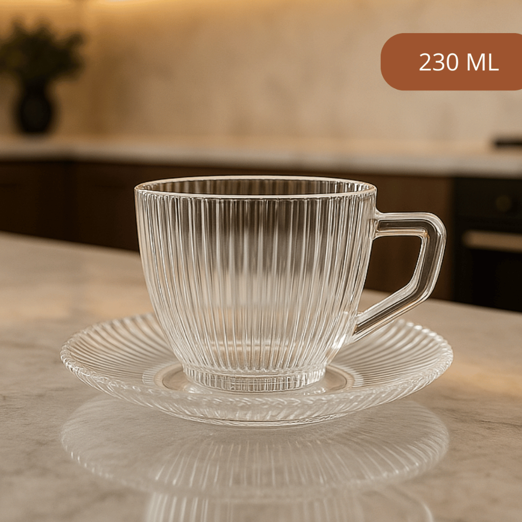 Jogo De 6 Xícaras Canelado Para Chá Café 230ML Graffiato Vidro Frisado Transparente Canelado