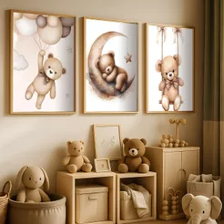 Quadros Decorativos Infantis Kit 3 Peças Urso Fofo 40x60 Decorações Sala Quarto Para Crianças