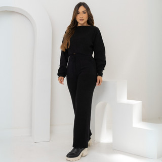 Conjunto Tricot Feminino Mousse Cropped e Calça Conjunto Blusa e Calça Inverno
