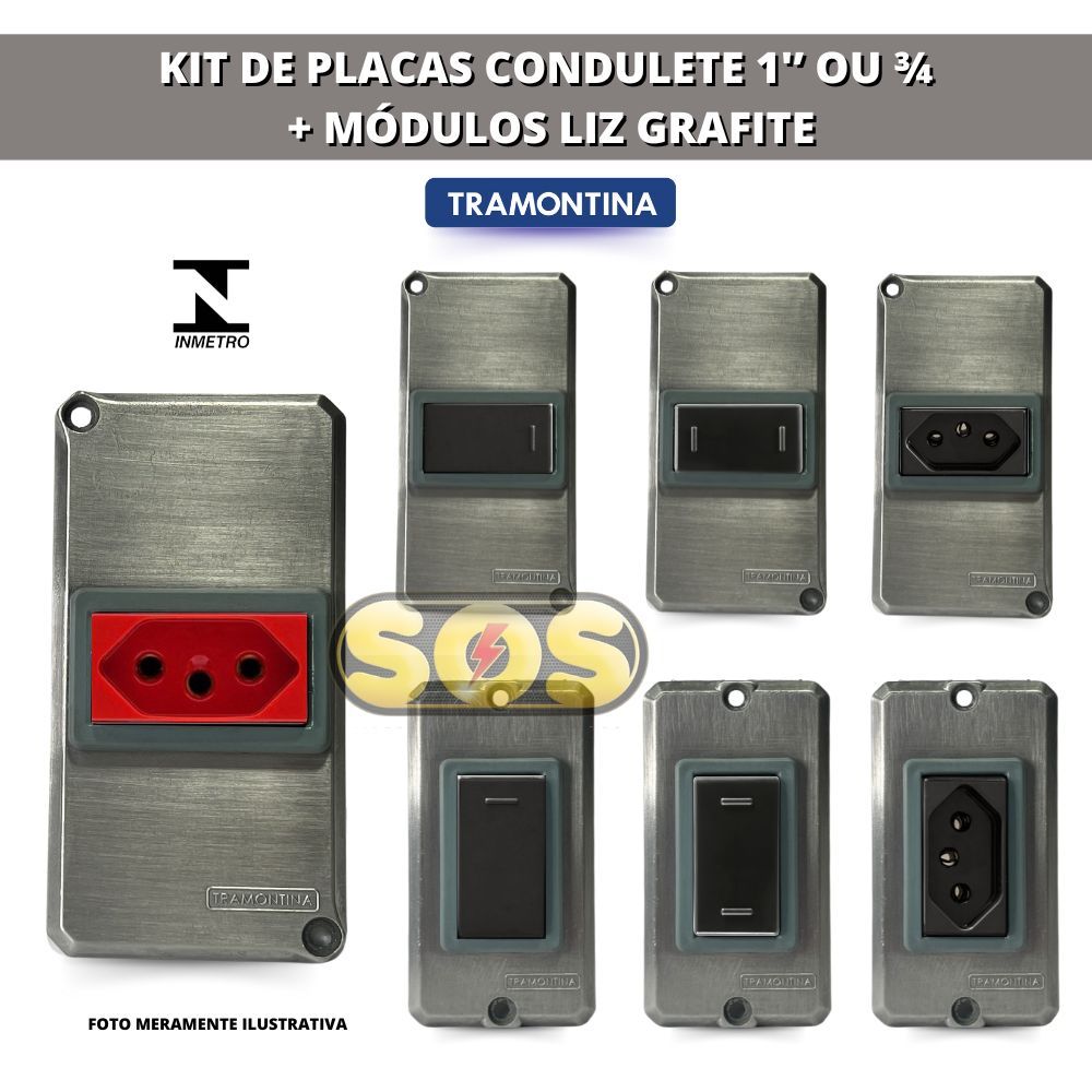 KIT TAMPA DE CONDULETE ALUMINIO 1'' OU 3/4 COM TOMADA E INTERRUPTOR LIZ GRAFITE TRAMONTINA