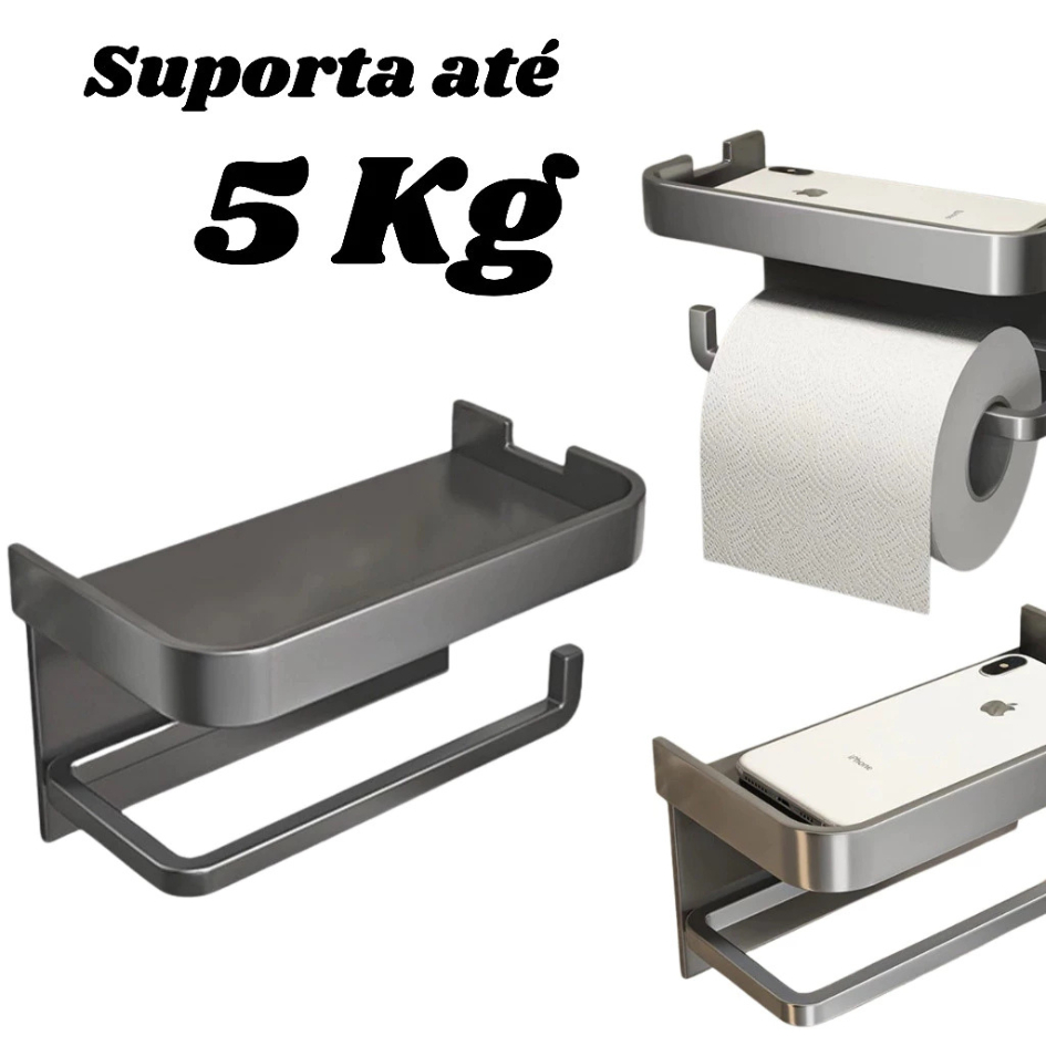 Suporte Papel Higiênico Premium Apoio Para Celular de Banheiro Fixo na Parede Sem Furos
