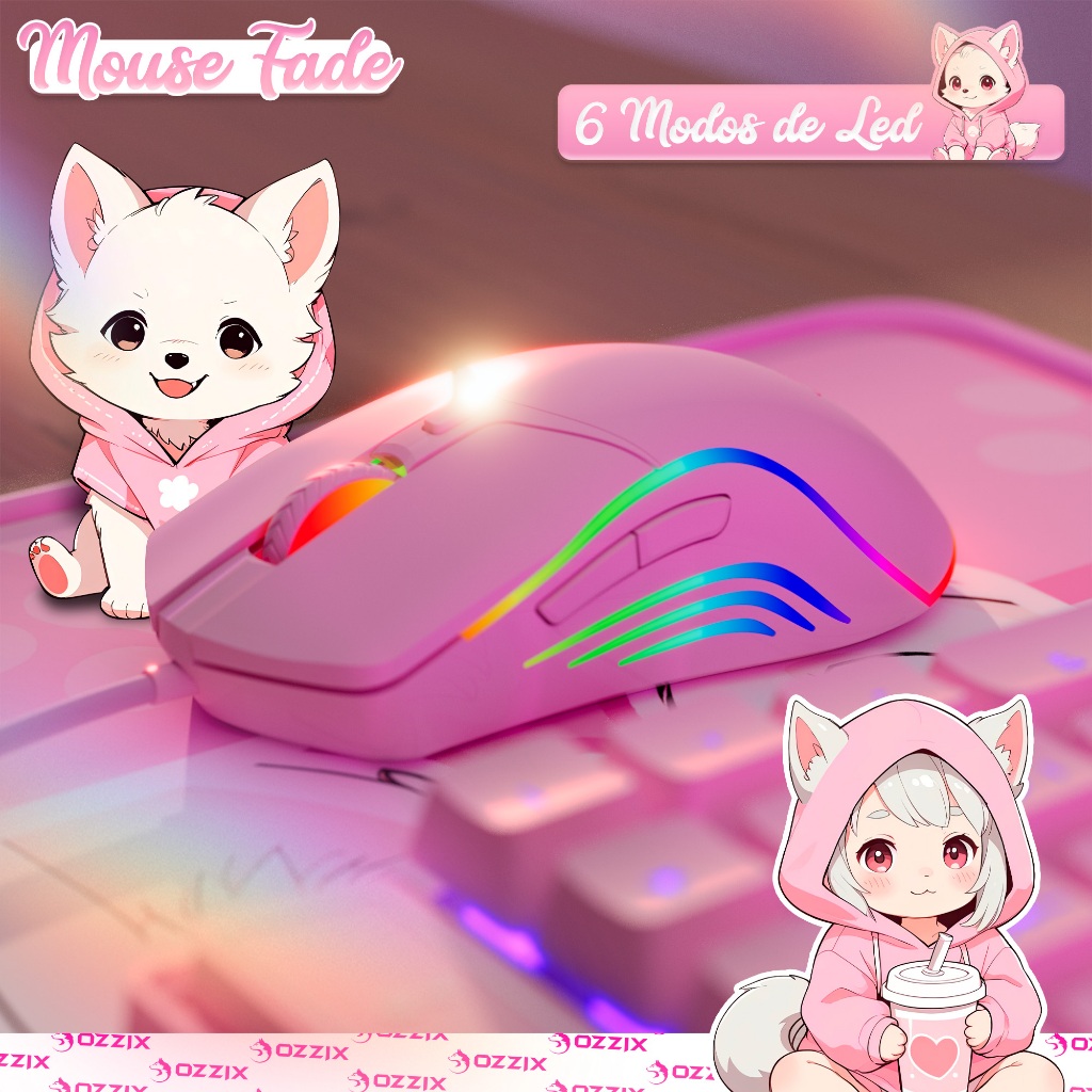Mouse Gamer Rosa LED Rgb 8000dpi Software Programável Sensor Gamer Profissional Fofinho Feminino Presente Fade Ozzix