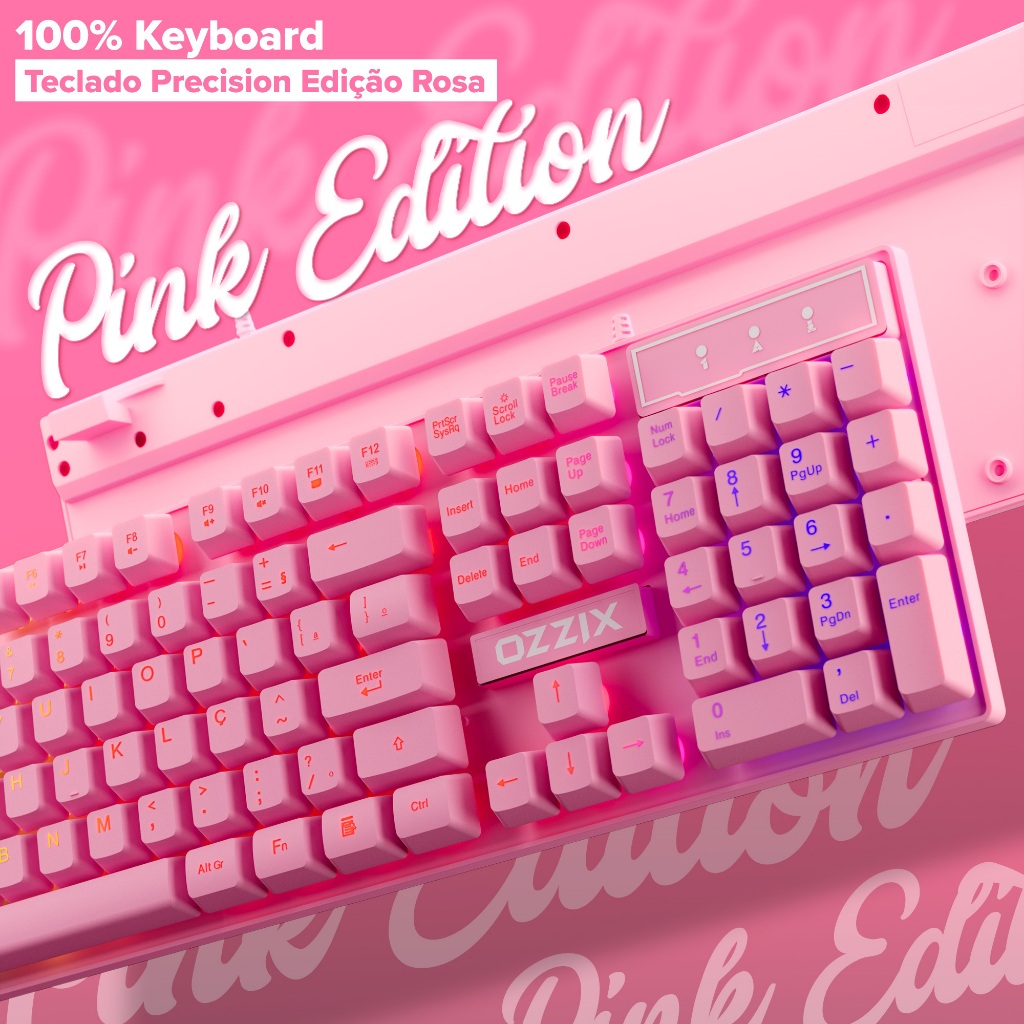Teclado Gamer Rosa RGB Profissional Semi-Mecânico Fofinho Feminino Presente ABNT2 Precision Ozzix