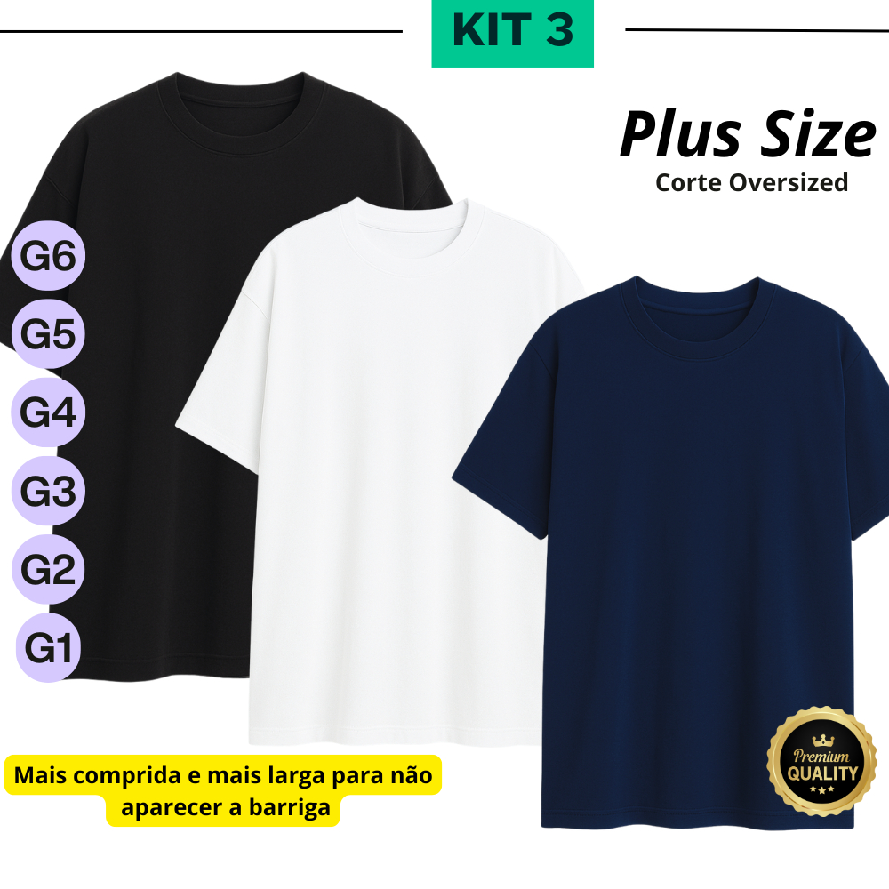 Camiseta Plus Size Oversized PROMOÇÃO Masculina Kit 3 Peças Algodão 100% G1 G2 G3 G4 G5 G6