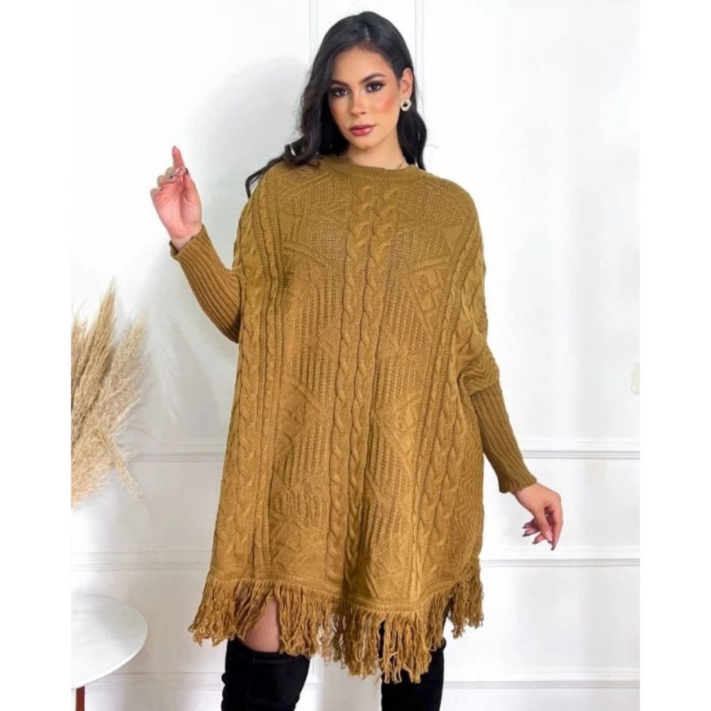 Poncho Kimono Blusa Casaco Sobretudo Feminino Tricot com Franjas Moda Outono/Inverno Tricô