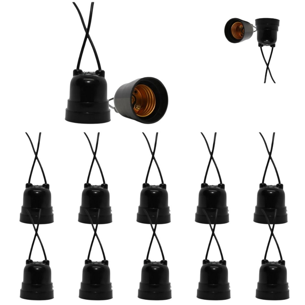 10 Soquetes Com Rabicho Bocal Porta Lâmpada E27 Cor Preto