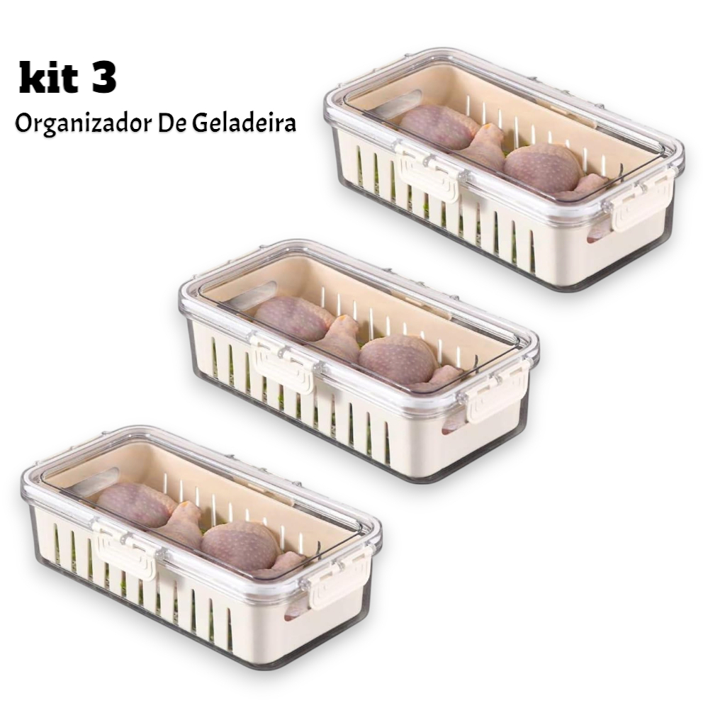 kit 3 organizador de Geladeira Hermético com Tampa Multiuso Alimentos Verduras Frutas