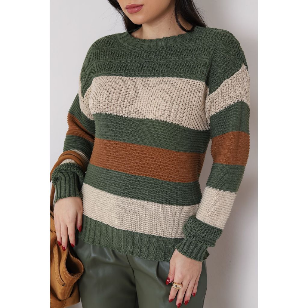 Blusa Feminina de Frio Listrada de Tricot Lã Premium Manga Longa Gola Redonda Lançamento I...
