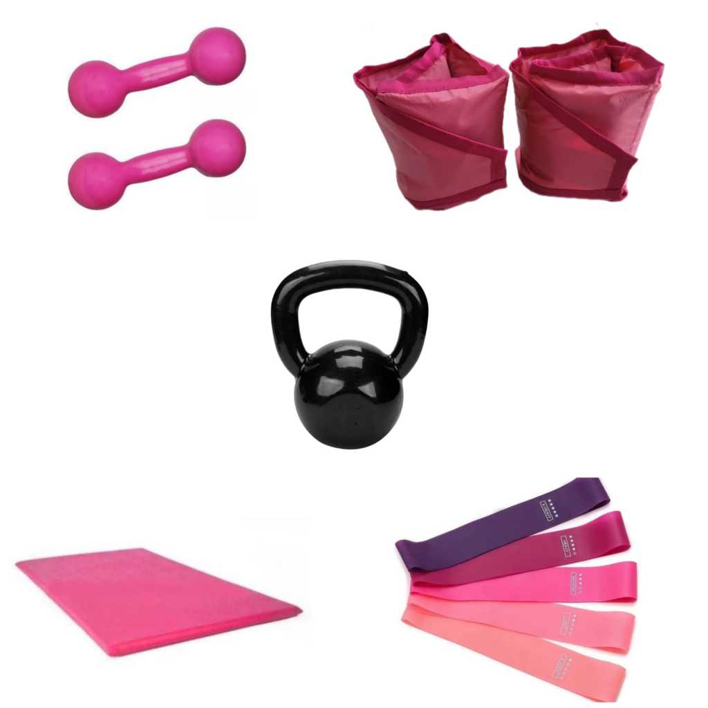 Kit Treino Academia Par Halter 3 kg Rosa + Par Caneleira 3 kg + Kit Theraband Rosa + Colchonete Rosa + Kettlebell 8kg