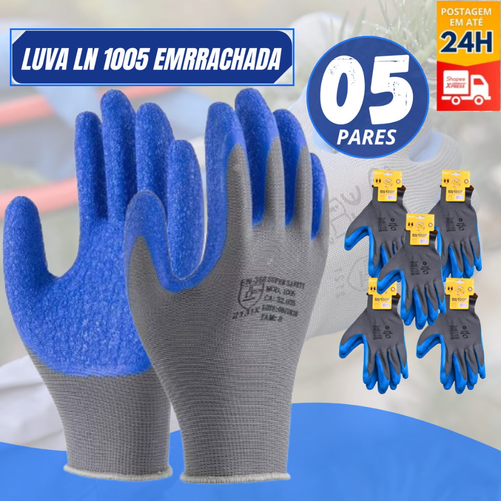 05 Pares de Luva de segurança SS1005 Reforçada Banho em Látex Corrugado Pedreiro Armador Jardineiro em Oferta na Shopee