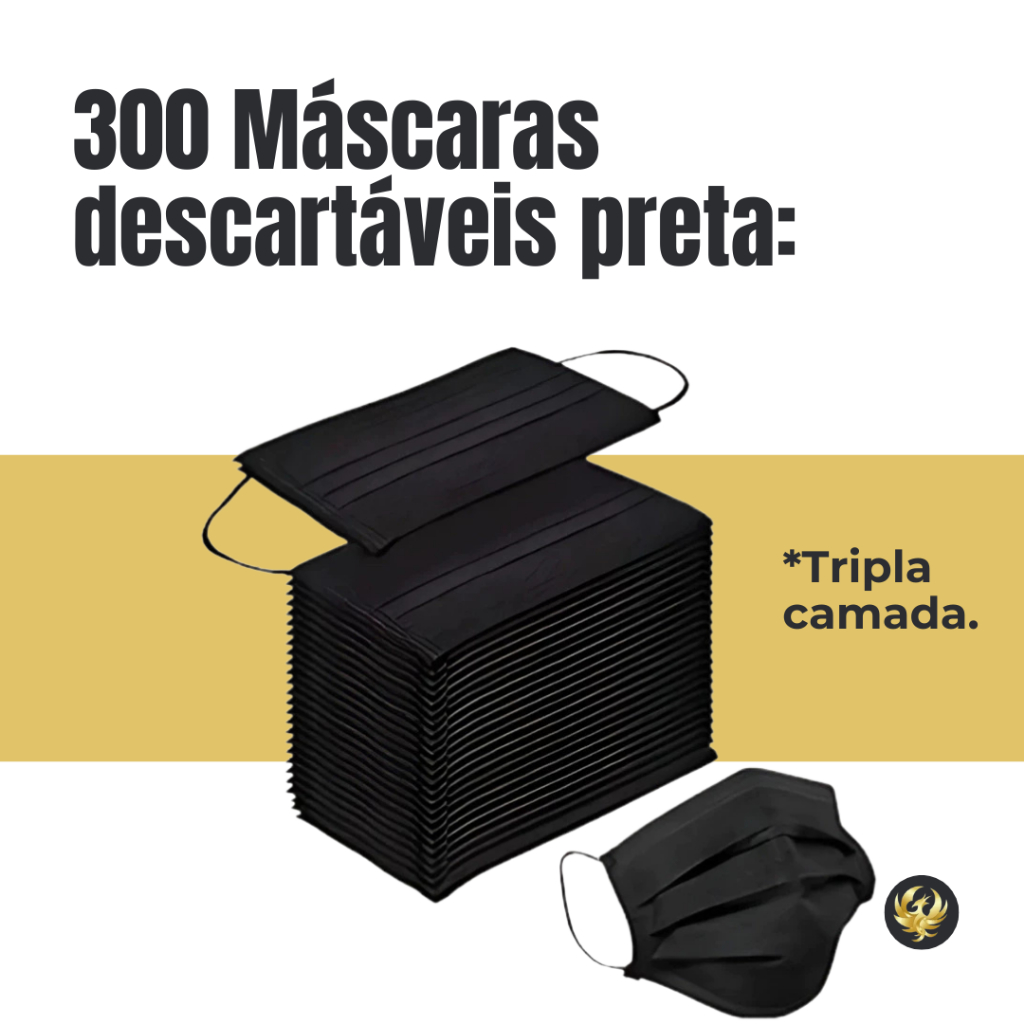 Kit 300 Máscara Descartável Preta Tripla Camada