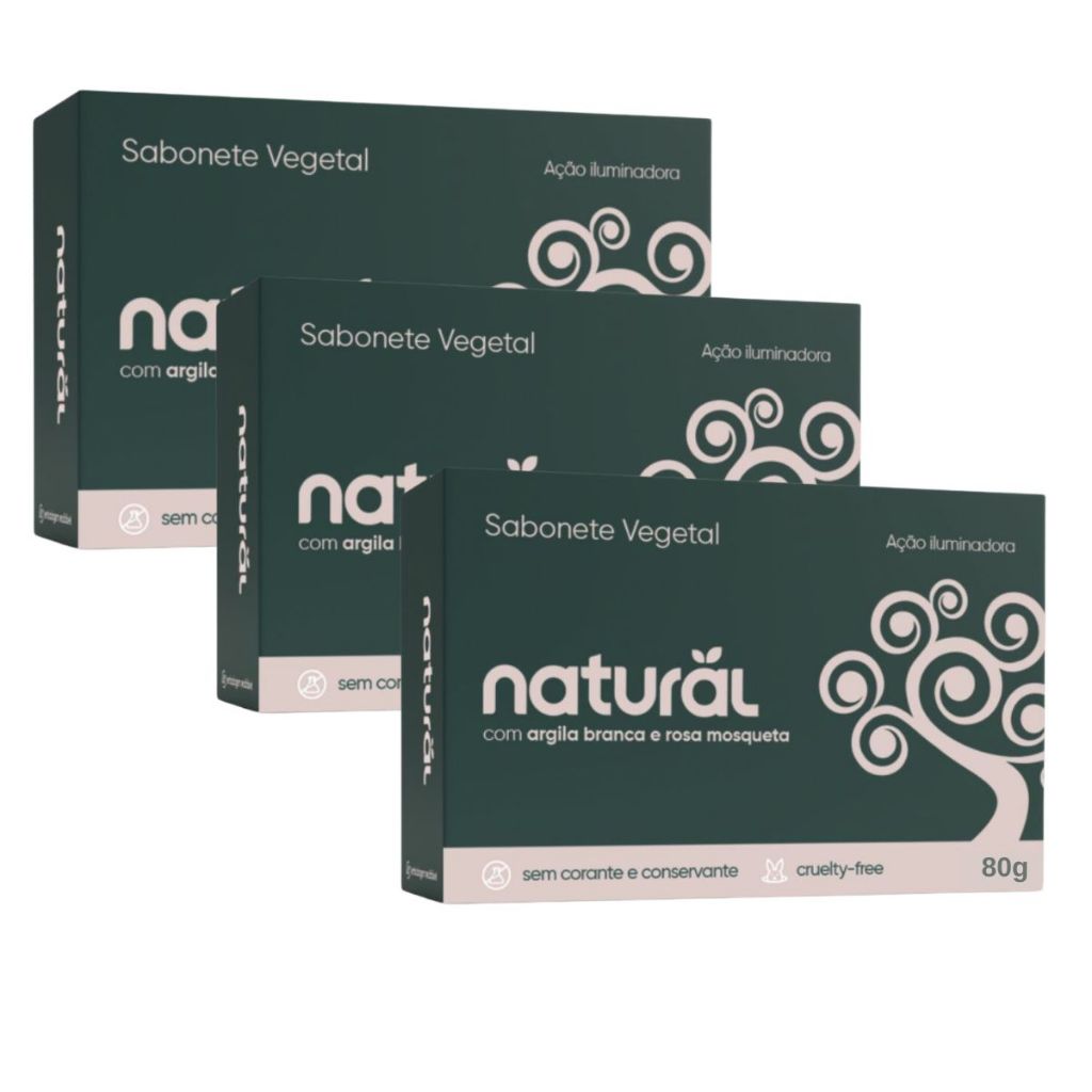 Kit 3 Sabonete Natural C/ Argila Branca e Óleo de Rosa Mosqueta 80g - Orgânico Natural