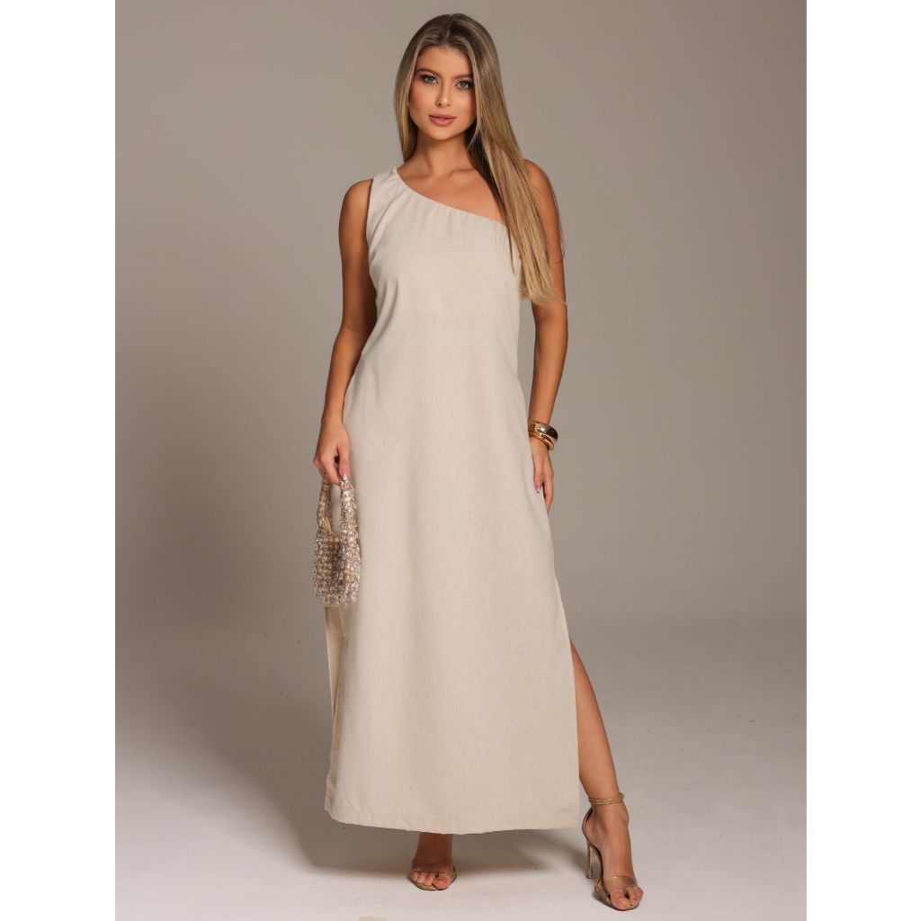 Vestido de Linho com Detalhe Assimétrico Bolsos Fenda Lateral em Oferta na Shopee