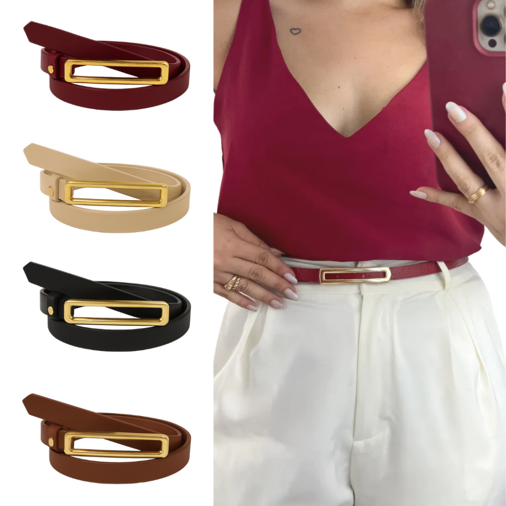 Kit 2 Cintos Feminino Couro Fake Fino Com Fivela Dourada