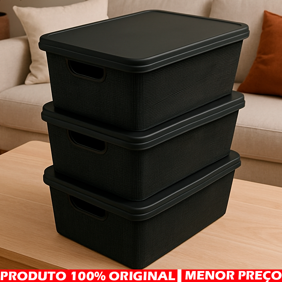 Kit 3 15L Caixas Organizadoras com Tampa Cesto Grande em Plástico Jaguar, Produto Reforçado, Organiza Armario, Casa