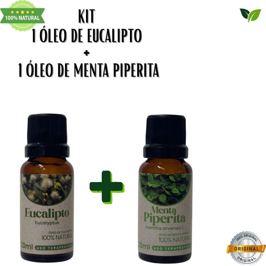 kit 1 oleo de menta piperita + 1 oleo de eucalipto 100% natural 20 ml em Oferta na Shopee