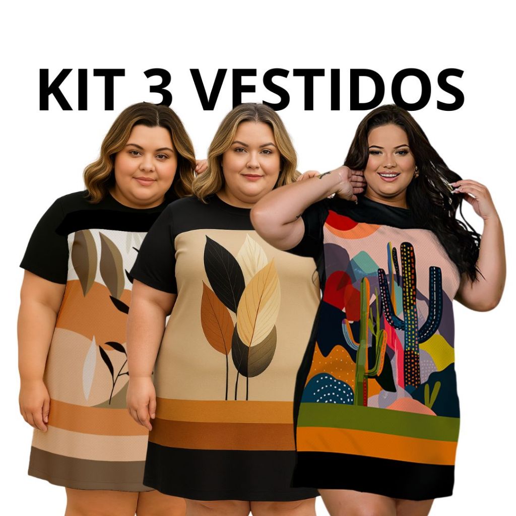 KIT 3 Vestidos Camisão Soltinho Tamanhos Grandes Plus Size Estampa Exclusiva Tecido Sedinha Leve Confortavel Macio