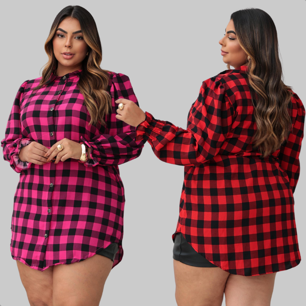 Vestido Chemise Camisa Xadrez Plus Size Manga Longa Festa Junina Camisão