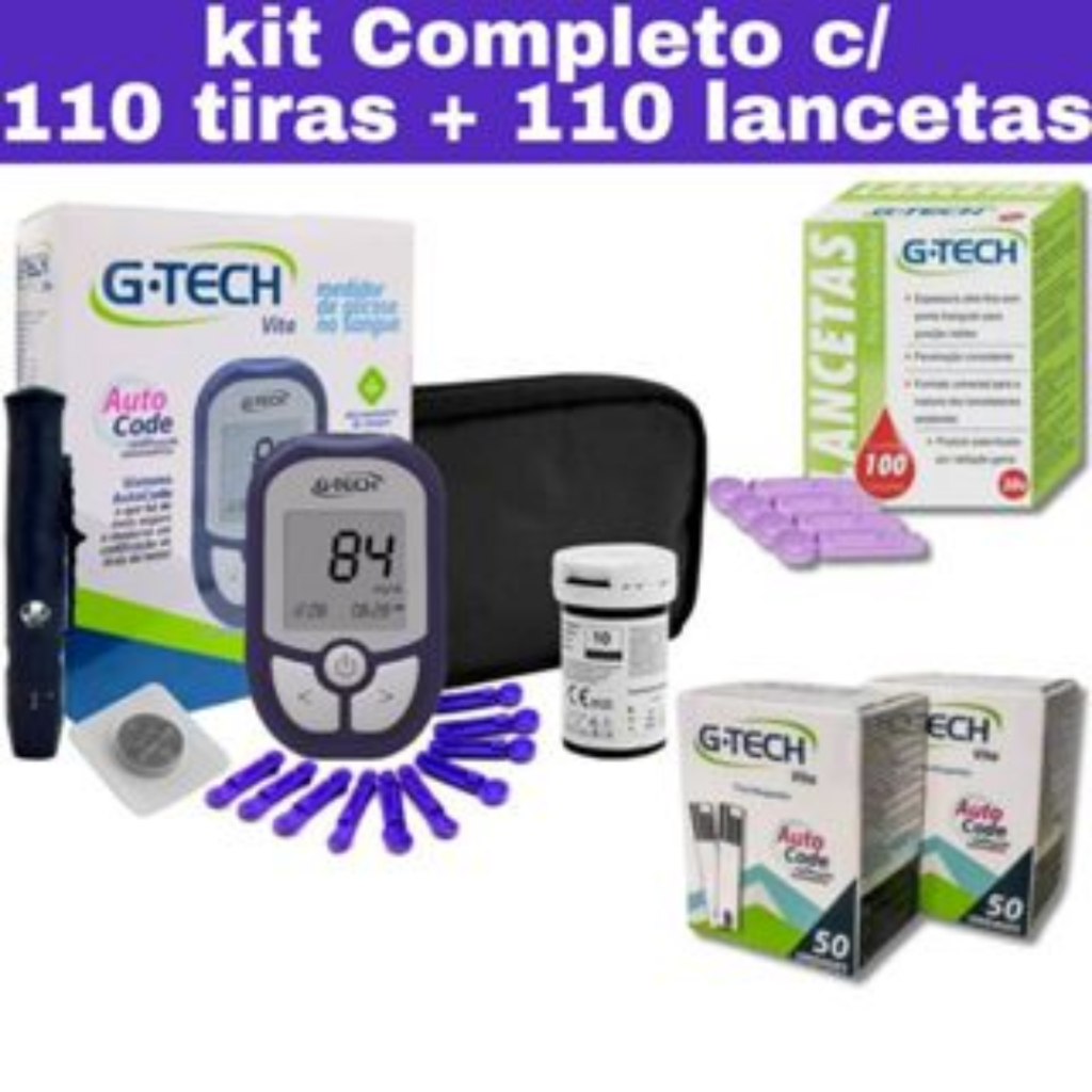 Kit Simples, Médio Ou Completo Com Medidor De Glicose G-Tech Vita Tiras E Lancetas