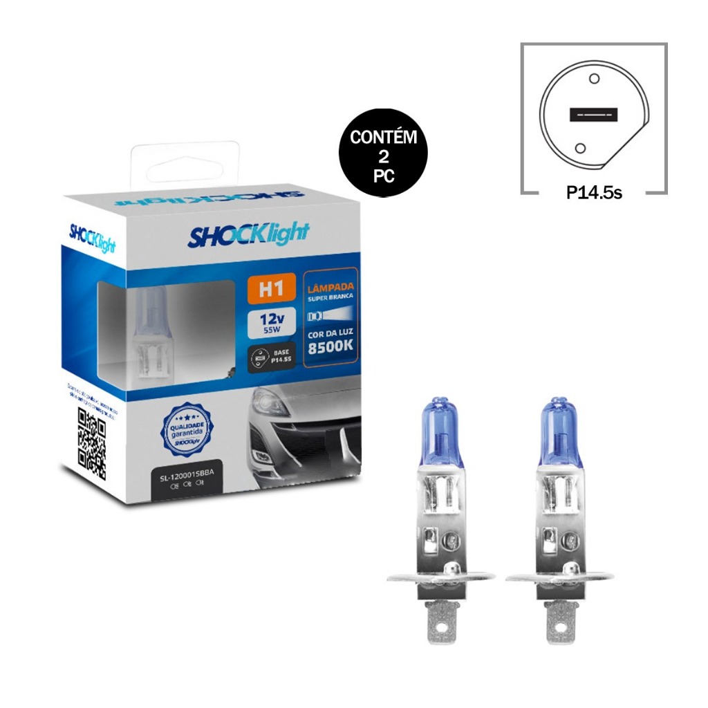PAR LAMPADA FAROL AUTOMOTIVO UNIVERSAL H1 12V 55W 8500K 1650 LUMENS BASE P14.5S HALOGENA SUPER BRANCA