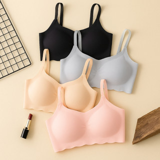 Top Sutiã Feminino Liso Sem Costura com Bojo Removível Bordas de Ondas e Alça Ajustável