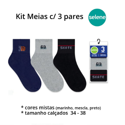 Kit c/3 Pares de Meia Esportiva Juvenil Menino Selene tamanhos 34 ao 38 5061.001.5.994