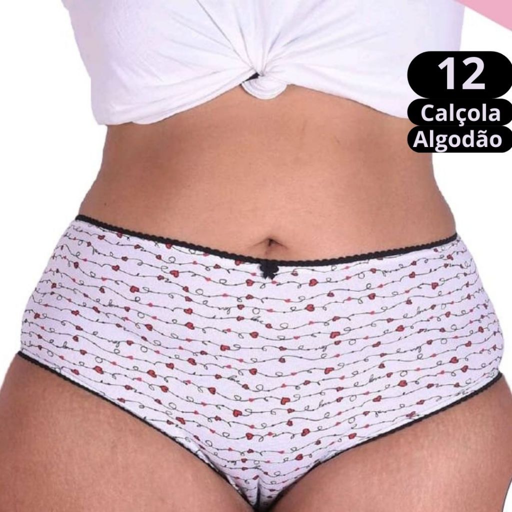 Kit 12 Calcinha Tipo Calçola Algodão Feminina Confortável Cintura Alta e Cobertura Total Forro