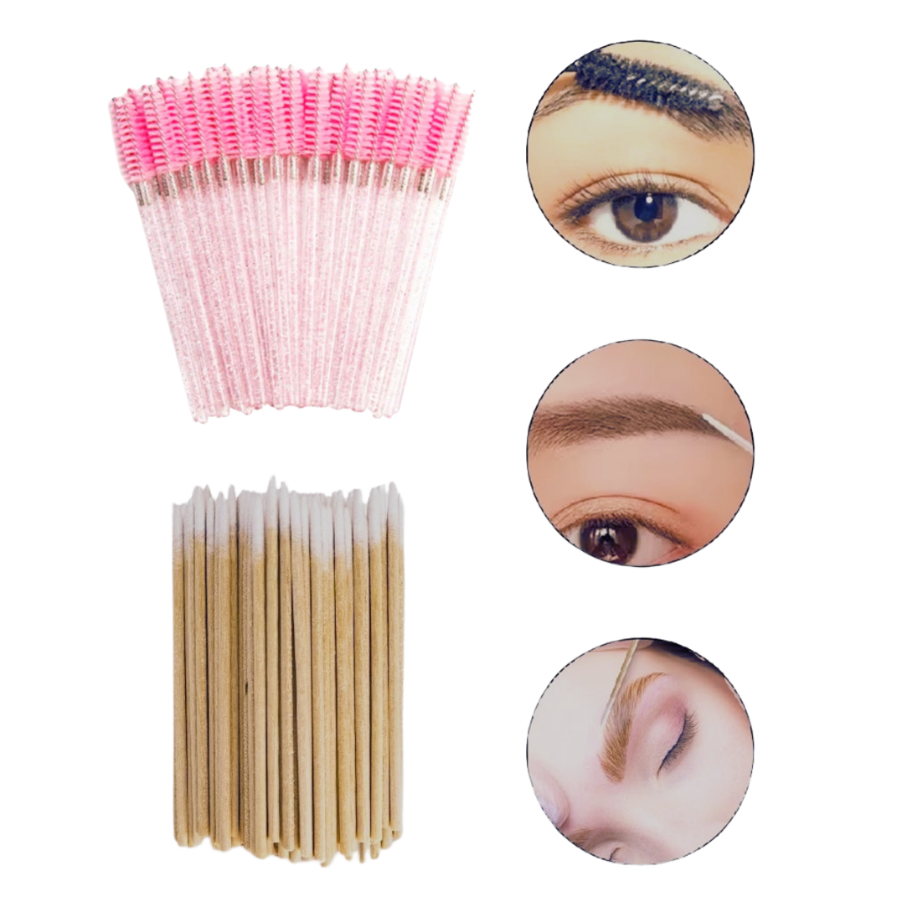 Kit 50 Pincel Escova + 100 Palito Algodão Sobrancelha Unhas Design de Sobrancelha Salão Studio Henna